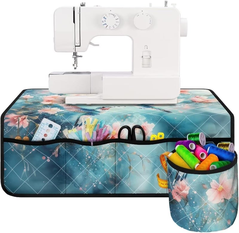 Kathyboom Sewing Machine Mat for Table Teal Hummingbirds Cherry Blossoms Non Slip with Pockets to Reduce Vibration for Most Sewing Machines Home Decor - Image 2